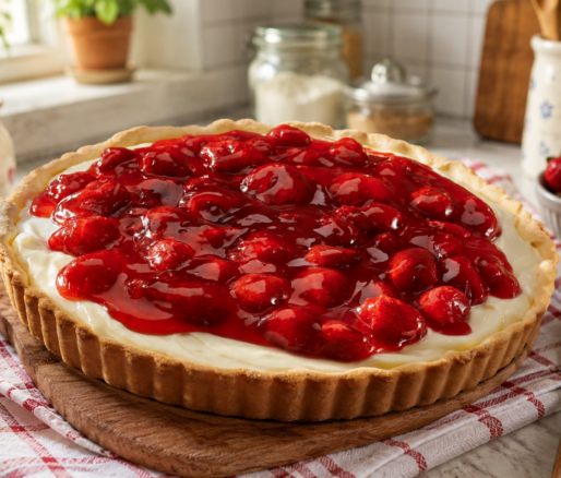 Strawberry tart with glossy red fruit glaze on a creamy filling, resting on a wooden board in a bright kitchen, ready to serve