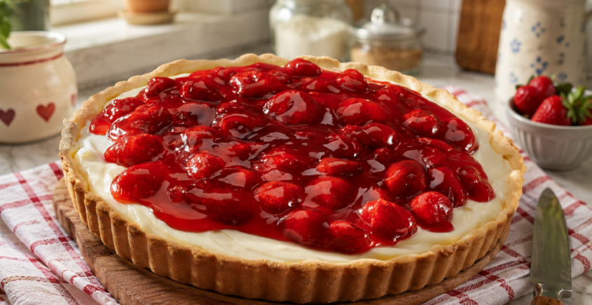 Strawberry tart with glossy red fruit glaze on a creamy filling, resting on a wooden board in a bright kitchen, ready to serve